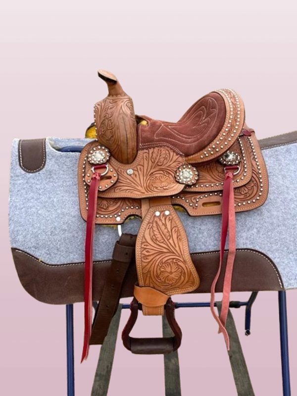 Selle miniature en cuir de cheval western à fleurs de 8 po.
